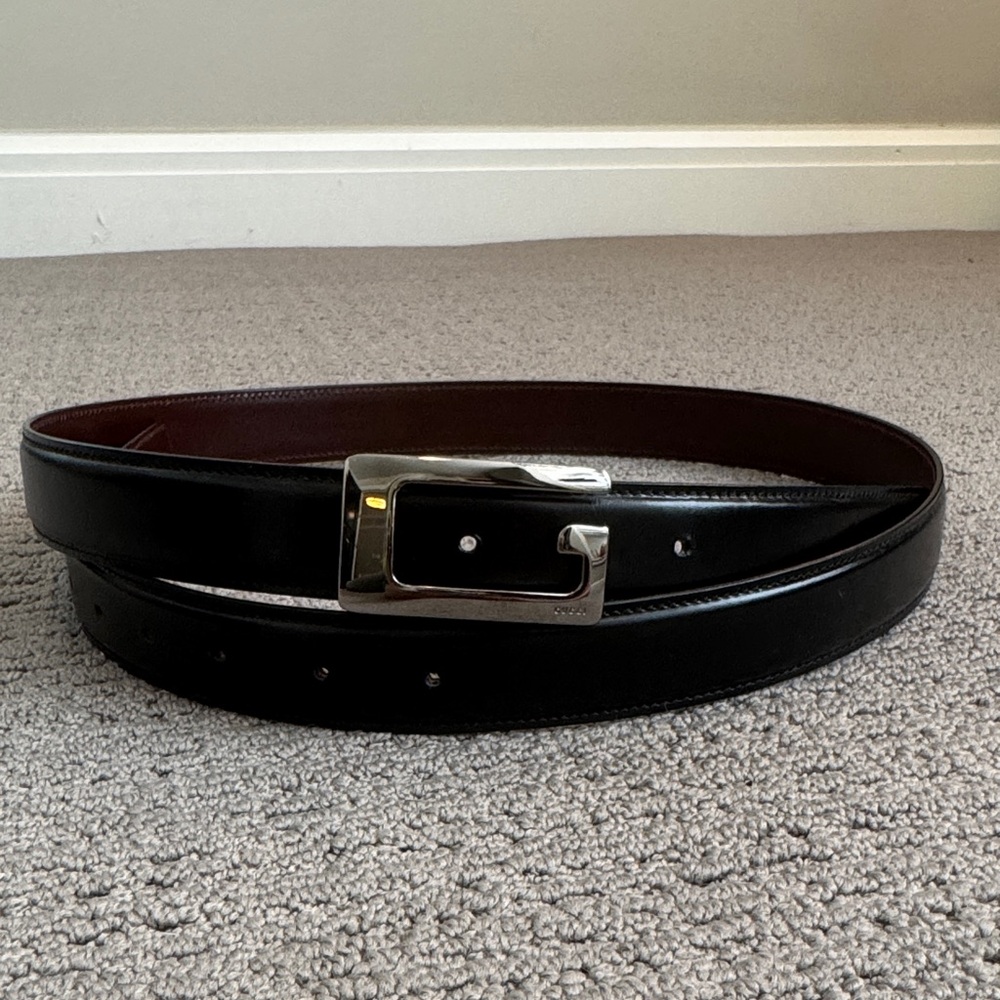 Gucci Black and Brown Leather Belt with Silver Buckle